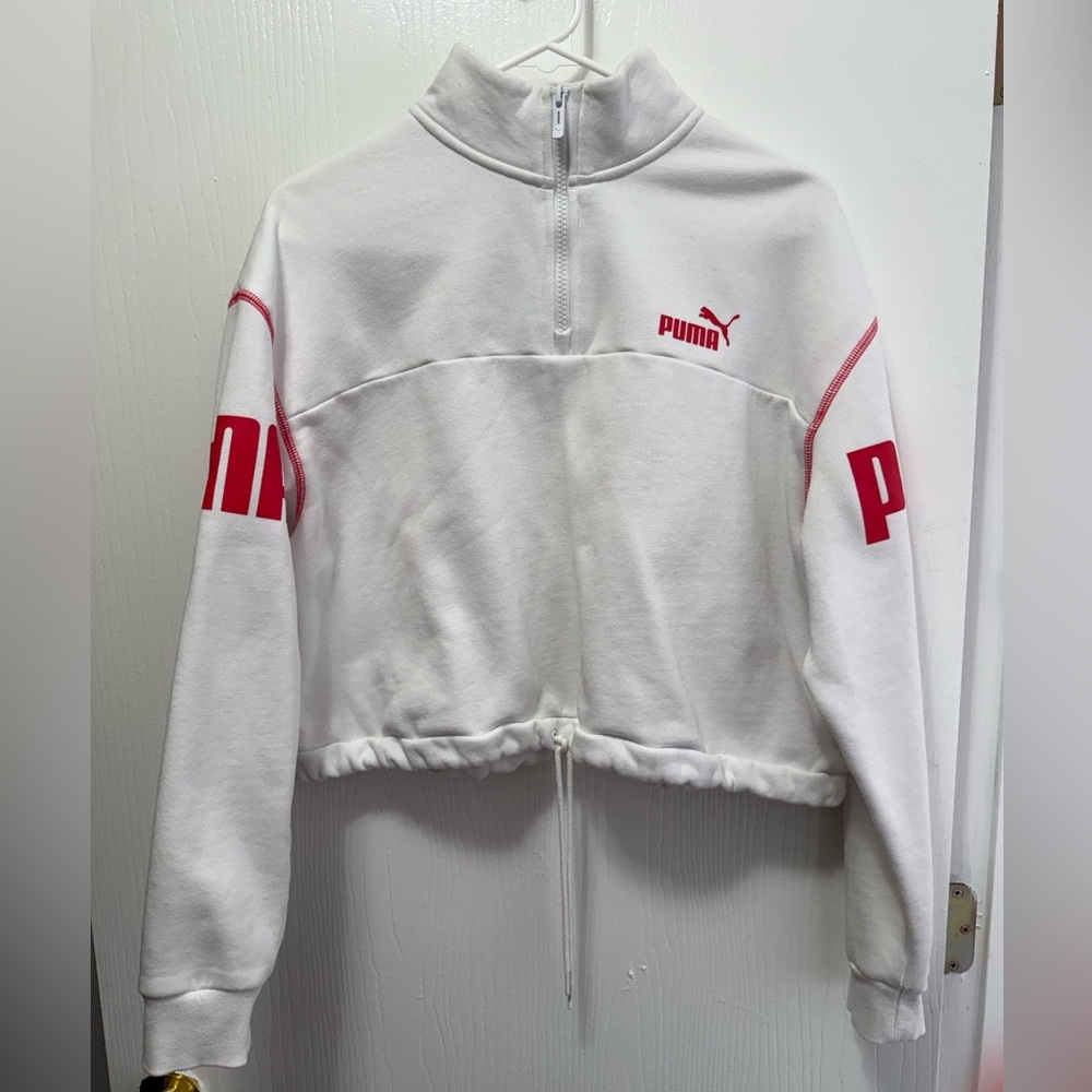 Puma White and Pink 1/4 Zip Cropped Pullover